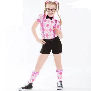 Girl's Large Pink Black Argyle Leotard Shorts Dance Costume